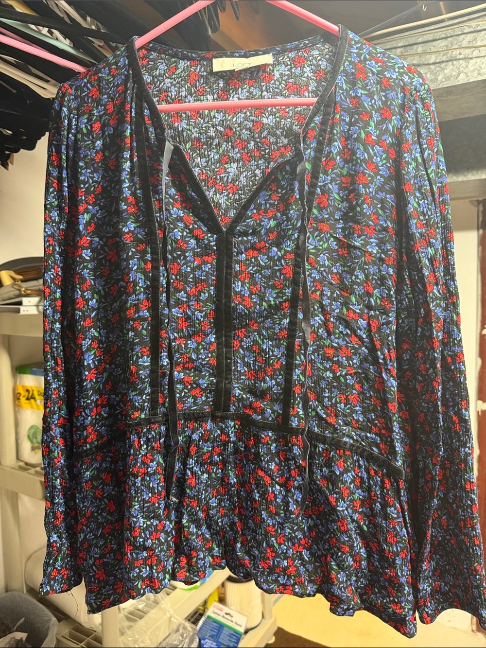 LOFT Black Floral Blouse with Red & Blue Flowers